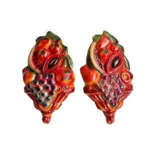 2 Vintage Chalkware Wall Plaque Colorful Fruit 1960's